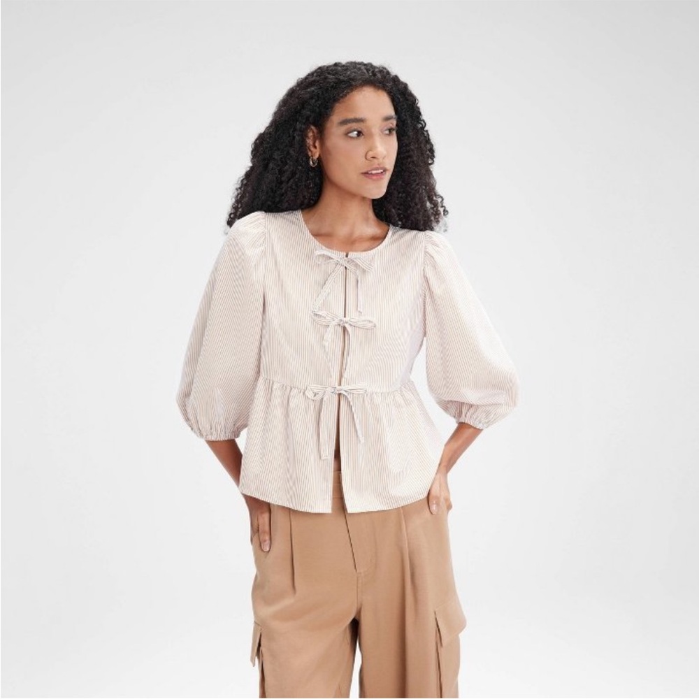 A New Day Balloon Sleeve Tie-Front Blouse